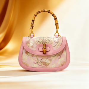 Pink mulberry silk Chinese-style crossbody bag with bamboo handle