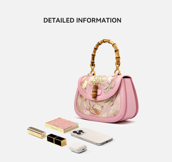 Pink mulberry silk Chinese-style crossbody bag with bamboo handle - 图片 6