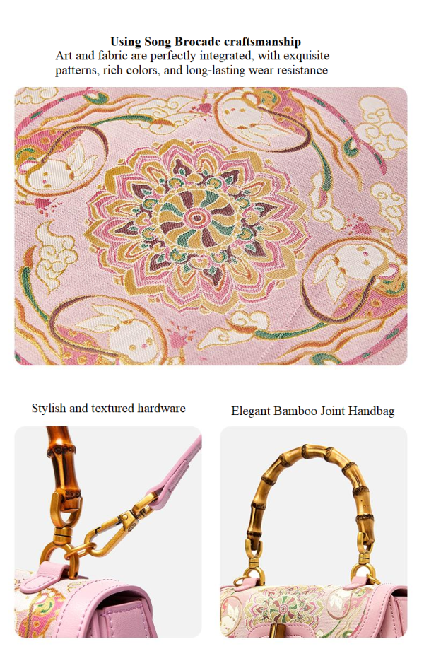 Pink mulberry silk Chinese-style crossbody bag with bamboo handle - 图片 7
