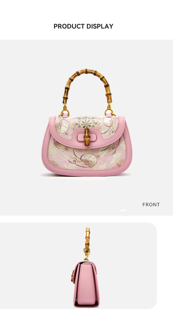 Pink mulberry silk Chinese-style crossbody bag with bamboo handle - 图片 5