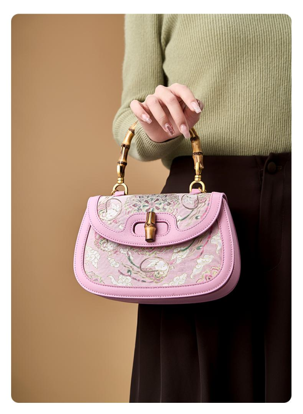 Pink mulberry silk Chinese-style crossbody bag with bamboo handle - 图片 2
